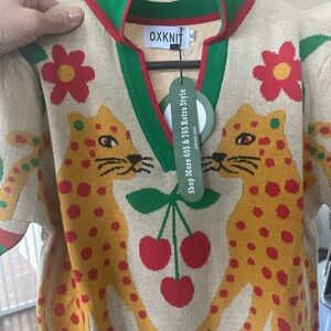 Medium- OXKNIT Retro Cherry & Leopard Knit Top - Beige, Yellow, Red, Green